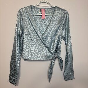 Something New Metallic Wrap Tie Top - Size XS silver/blue Shinny Stylish cropped